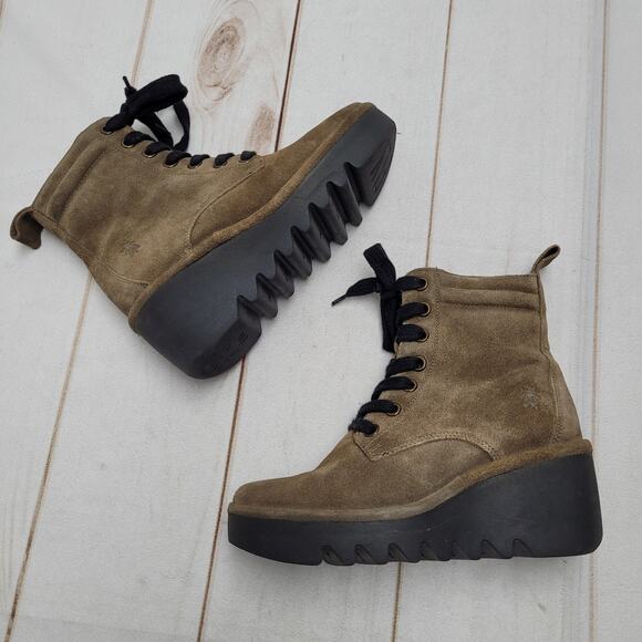 Fly London Biaz329fly suede wedge combat boots green moto platform - Picture 2 of 9